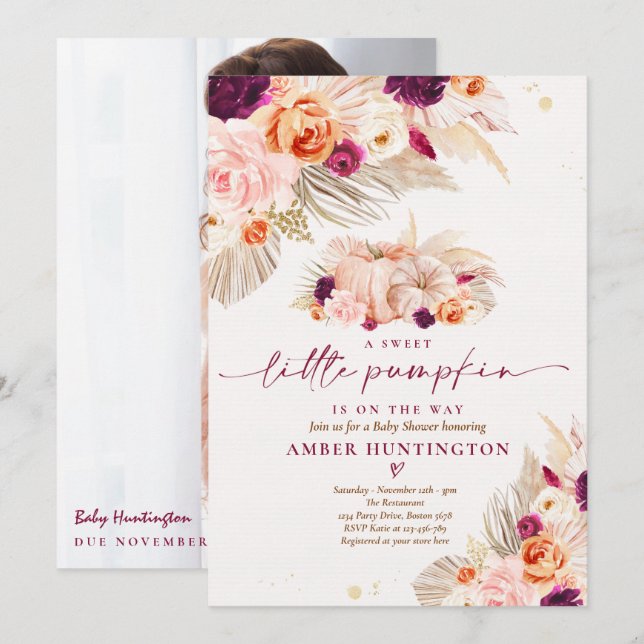 Boho Pampas Grass Pumpkin Burgundy Baby Shower  Invitation (Front/Back)