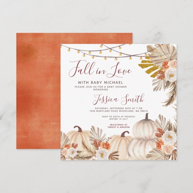 Boho Pampas Grass Pumpkin Fall in Love Baby Shower Invitation (Front/Back)