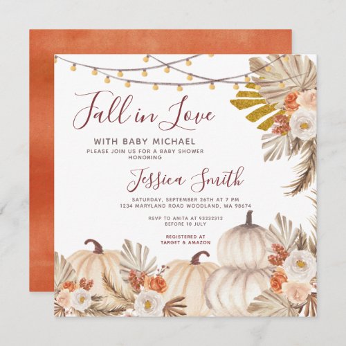 Boho Pampas Grass Pumpkin Fall in Love Baby Shower Invitation