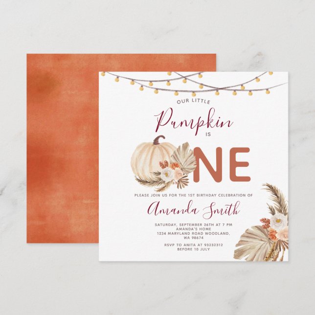 Boho Pampas Grass Pumpkin Is One Birthday Floral Invitation (Front/Back)