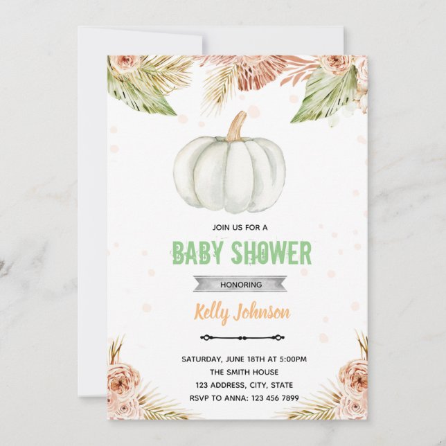Boho pampas grass pumpkin shower suite invitation (Front)