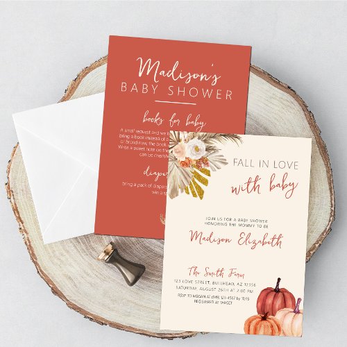 Boho Pampas grass pumpkins Fall in Love with Baby Invitation