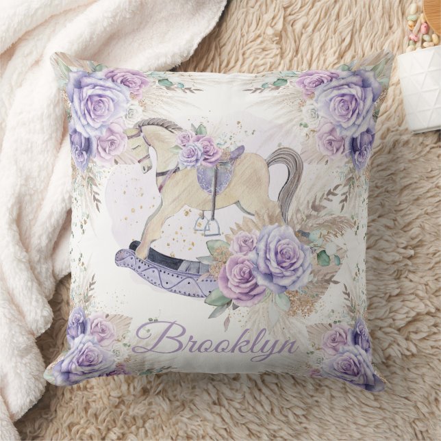 Boho Pampas Grass Purple Floral Rocking Horse Throw Pillow (Blanket)