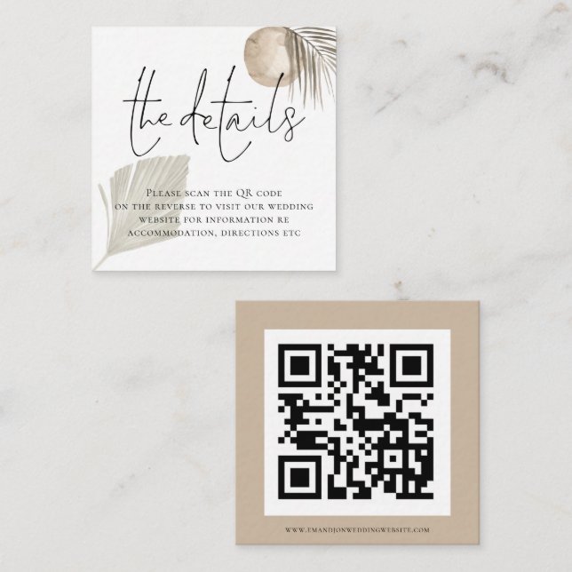 Boho Pampas Grass QR Code Wedding Details Enclosure Card (Front/Back)