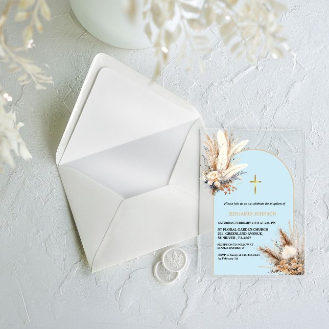 Boho Pampas Grass Rainbow Boy Baptism Christening Acrylic Invitations (Creator Uploaded)