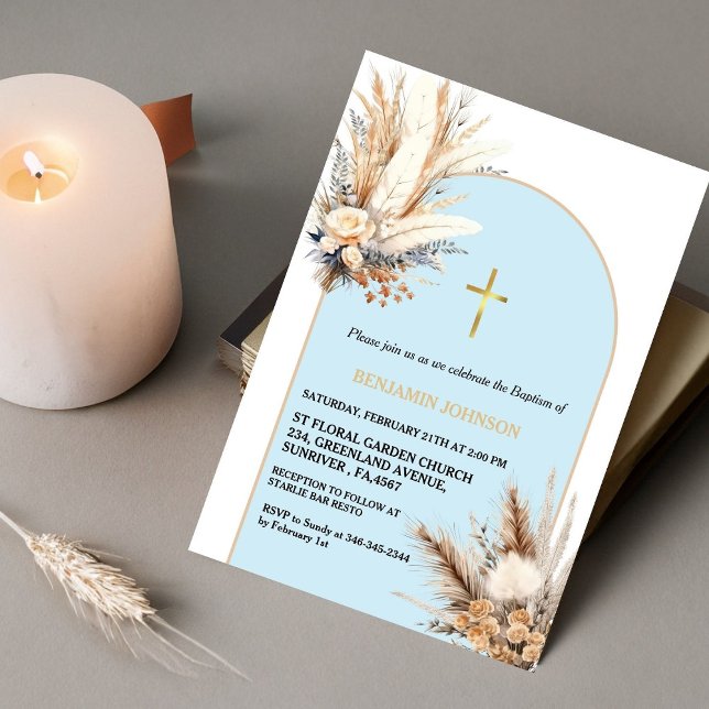 Boho Pampas Grass Rainbow Boy Baptism Christening Invitation (Creator Uploaded)