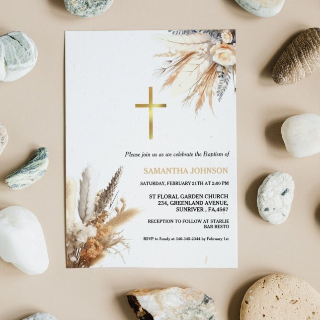 Boho Pampas Grass Rainbow Girl Baptism Christening Invitation (Creator Uploaded)
