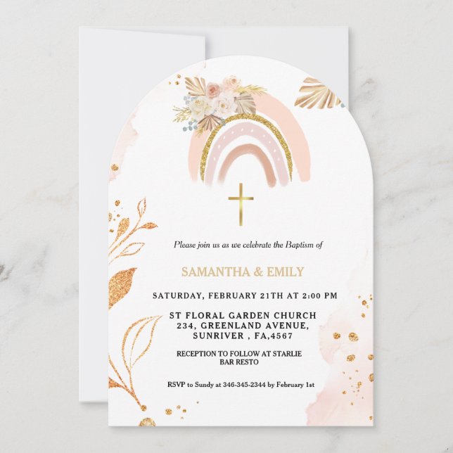 Boho Pampas Grass Rainbow Girl BAptism Christening Invitation (Front)