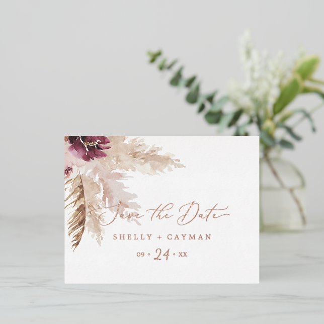 Boho Pampas Grass | Rose Gold Foil Save the Date Invitation Postcard (Standing Front)