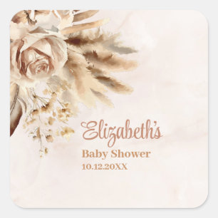 Boho Pampas Grass Roses Baby Shower Square Sticker