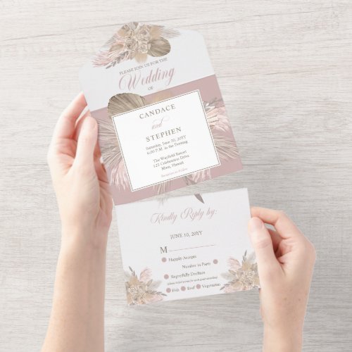 Boho Pampas Grass  Roses Floral Bouquet Wedding All In One Invitation