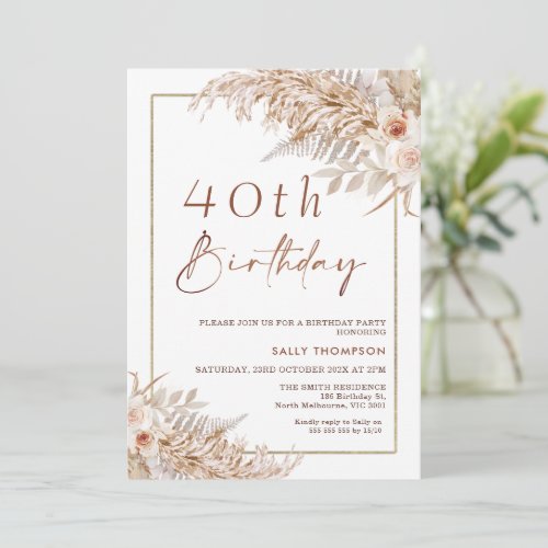 Boho Pampas Grass Roses Gold Frame Birthday Invitation