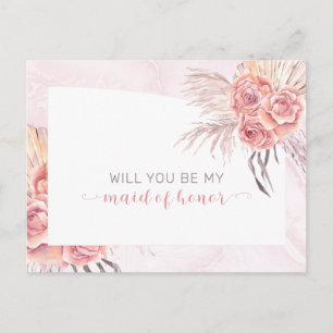 Boho Pampas Grass  Roses Maid of Honor Request Invitation Postcard