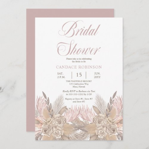 Boho Pampas Grass  Roses Neutral Bridal Shower Invitation