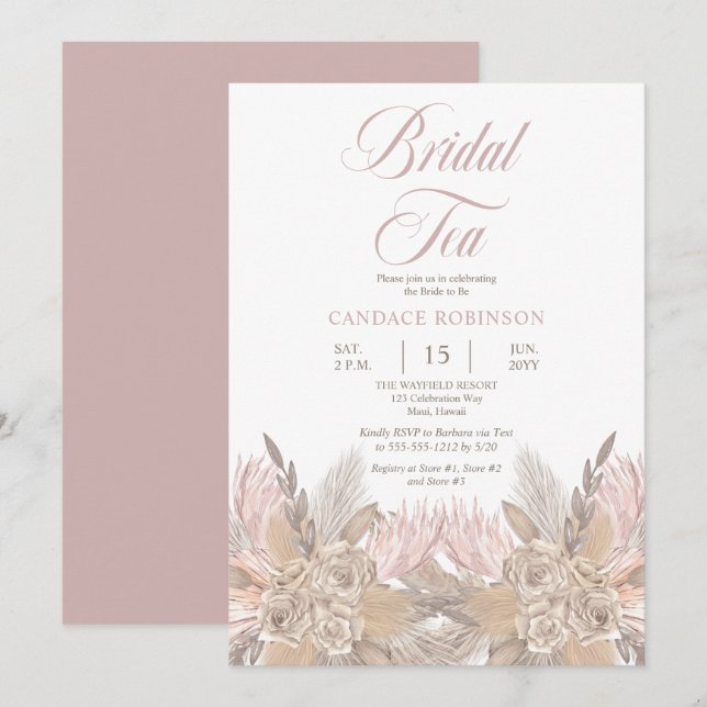 Boho Pampas Grass |Roses Neutral Bridal Tea Shower Invitation (Front/Back)