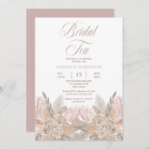 Boho Pampas Grass Roses Neutral Bridal Tea Shower Invitation