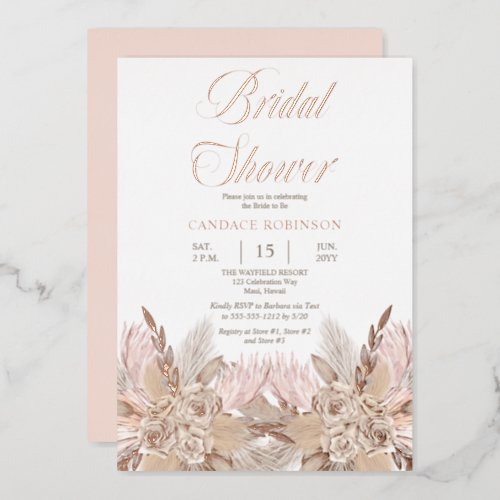 Boho Pampas Grass  Roses Pink Bridal Shower Foil Invitation