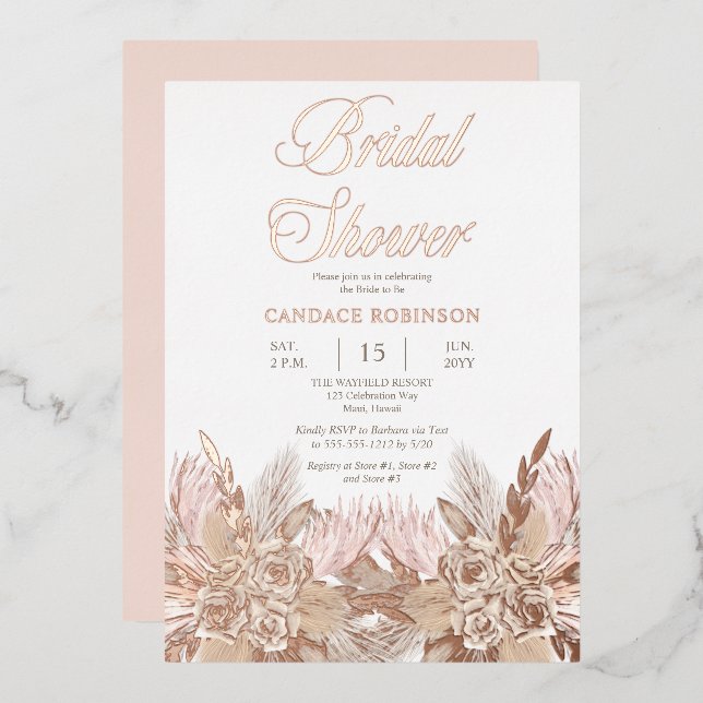 Boho Pampas Grass | Roses Pink Bridal Shower Foil Invitation (Front/Back)