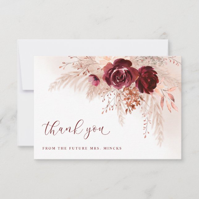 Boho Pampas Grass Roses Wedding Bridal Shower Thank You Card (Front)