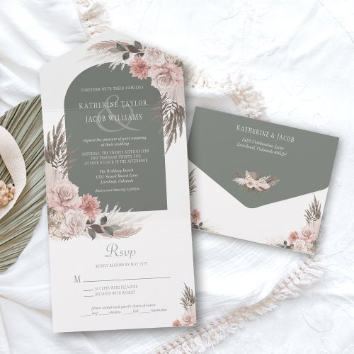 Boho Pampas Grass Sage Green Floral Wedding All In One Invitation