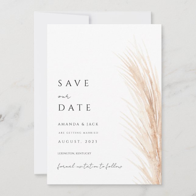 Boho pampas grass save the date minimalist  invitation (Front)