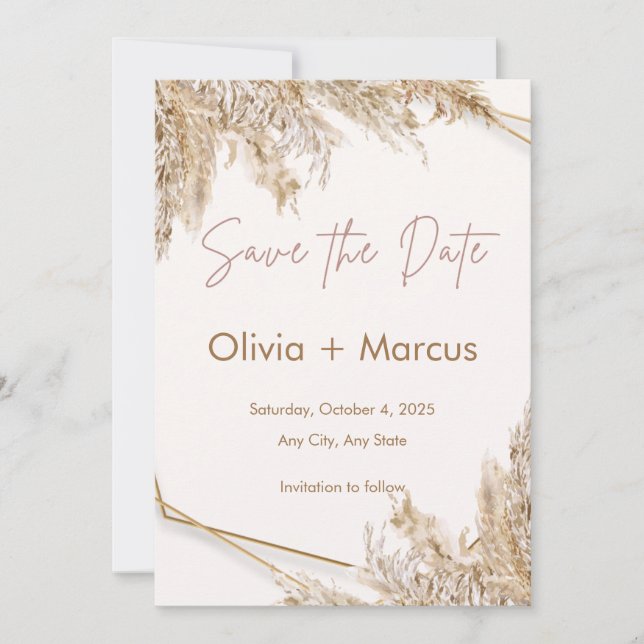 Boho Pampas Grass Save the Date | Neutral Beige Invitation (Front)