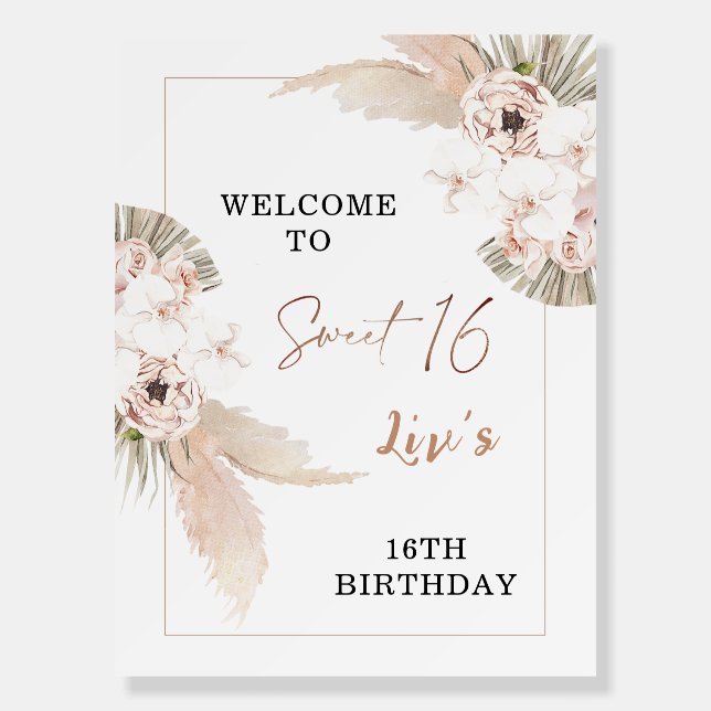 Boho Pampas Grass Sweet 16 Birthday Welcome Sign (Front)