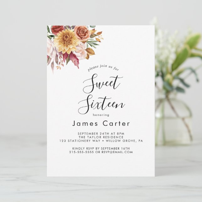 Boho Pampas Grass Sweet Sixteen Birthday  Invitation (Standing Front)
