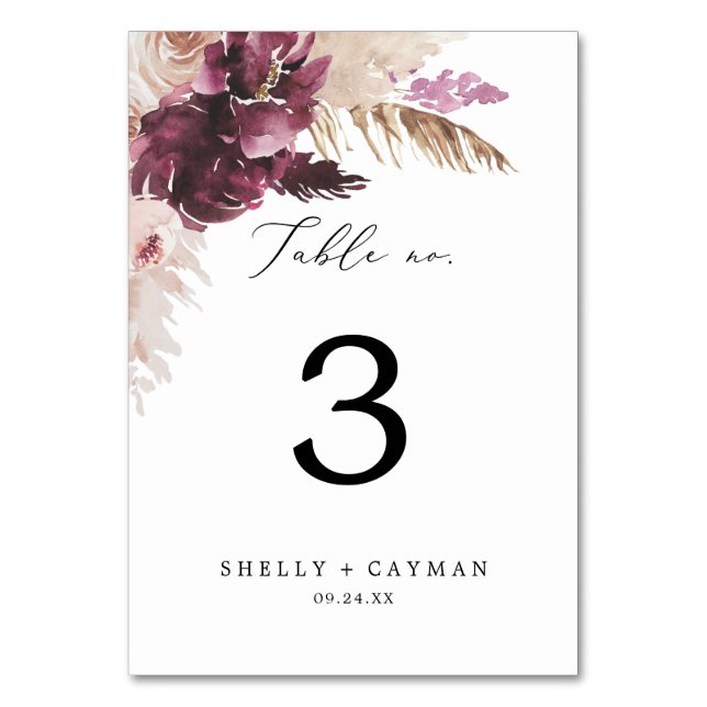 Boho Pampas Grass Table Number (Front)