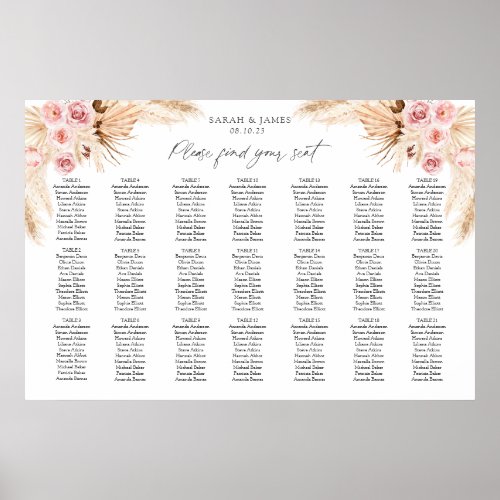 Boho Pampas grass table plan seating chart