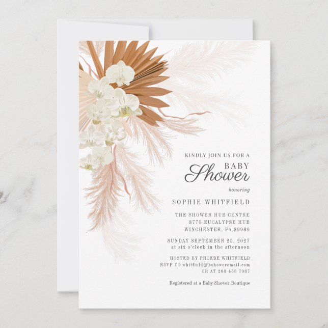 Boho Pampas Grass Tan Floral Baby Shower Invitation (Front)