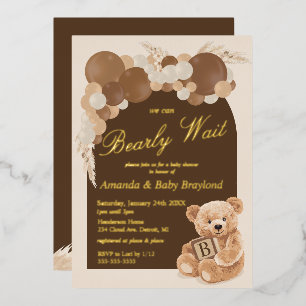Boho Pampas Grass Teddy Bear Baby Shower Foil Invitation