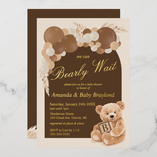 Boho Pampas Grass Teddy Bear Baby Shower Foil Invitation (Front/Back)