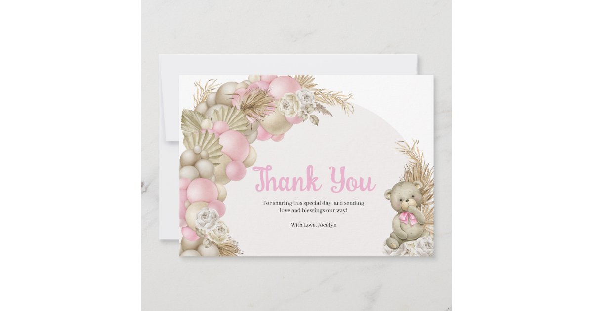 Boho Pampas Grass Teddy Bear Baby Shower Thank You Card | Zazzle