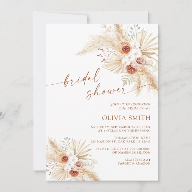Boho Pampas Grass Terracotta Bridal Shower Invitation (Front)