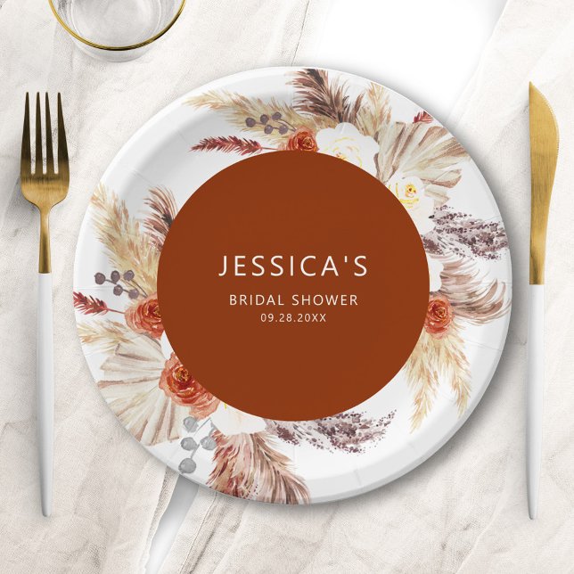 Boho Pampas Grass Terracotta Bridal Shower Paper Plates (Creator Uploaded)