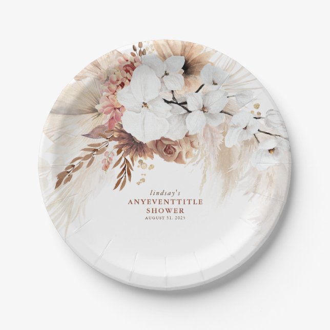 Boho Pampas Grass Terracotta Floral Any Party Paper Plates (Front)