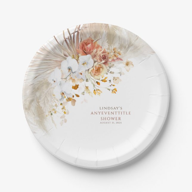Boho Pampas Grass Terracotta Floral Any Party Paper Plates (Front)