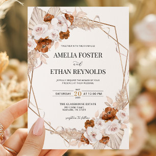 Boho Pampas Grass Terracotta Orange Floral Wedding Invitation