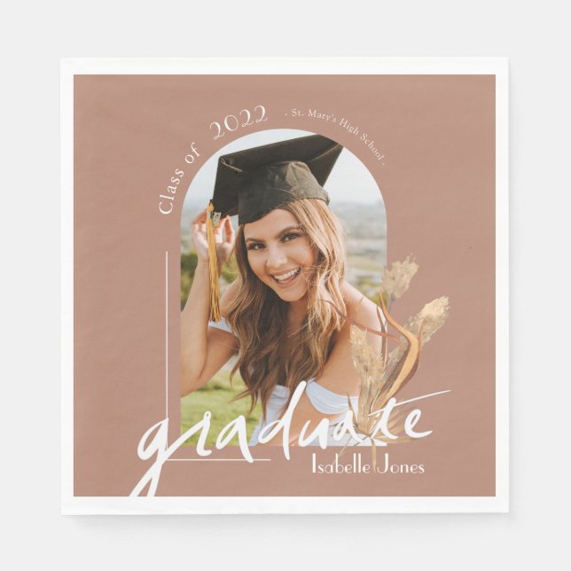 Boho Pampas Grass Terracotta Photo Graduation Napkins (Front)