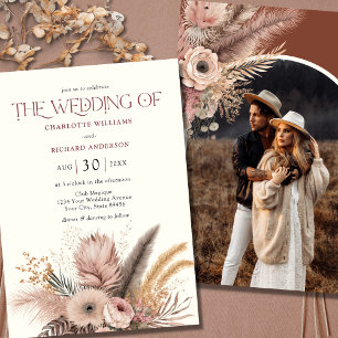 Boho Pampas Grass Terracotta Photo Wedding Invitation