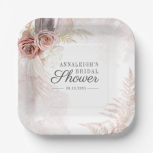 Boho Pampas Grass Terracotta Script Bridal Shower Paper Plates