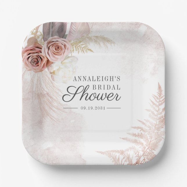 Boho Pampas Grass Terracotta Script Bridal Shower Paper Plates (Front)