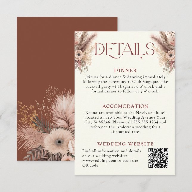 Boho Pampas Grass Terracotta Wedding Details Enclosure Card (Front/Back)