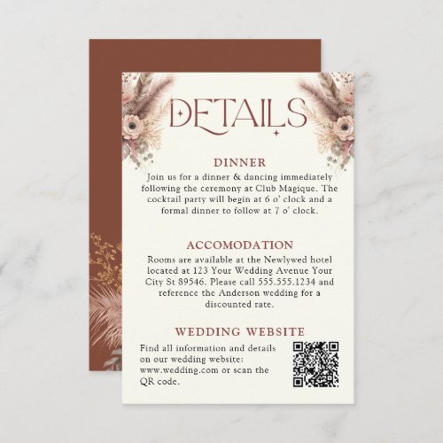 Boho Pampas Grass Terracotta Wedding Details Enclosure Card