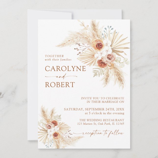 Boho Pampas Grass Terracotta Wedding Invitation (Front)