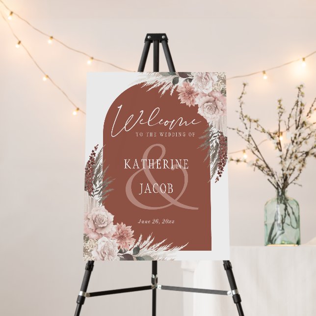 Boho Pampas Grass Terracotta Wedding Welcome Sign (In Situ (Stand))