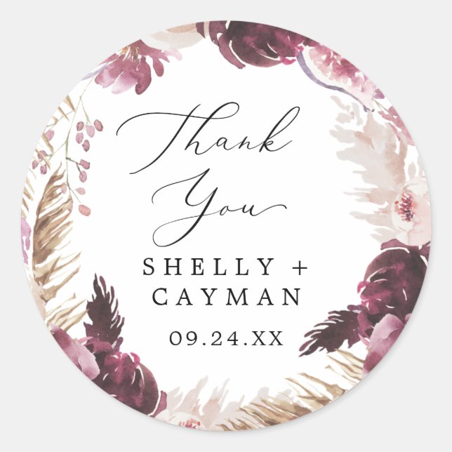 Boho Pampas Grass Thank You Wedding Favor Sticker (Front)