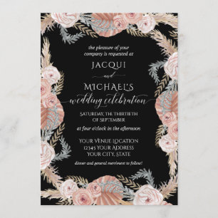 BOHO Pampas Grass Tropical Black Watercolor Floral Invitation