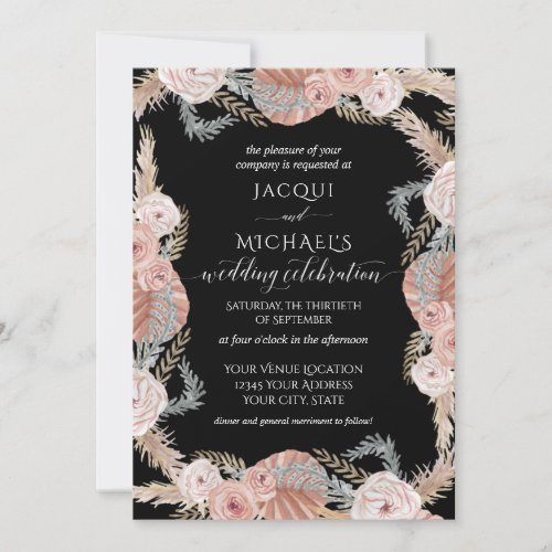 BOHO Pampas Grass Tropical Black Watercolor Floral Invitation